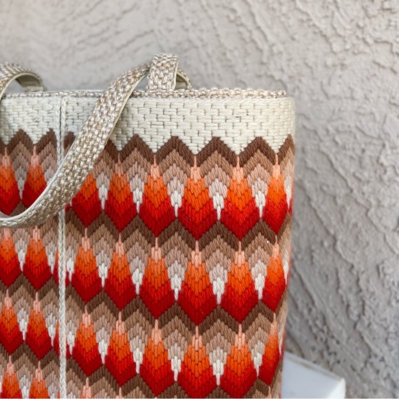 VINTAGE 60s 70s JR Miami Julius Rednik Orange Woven Yarn & Needlepoint Tote Bag - Picture 8 of 11